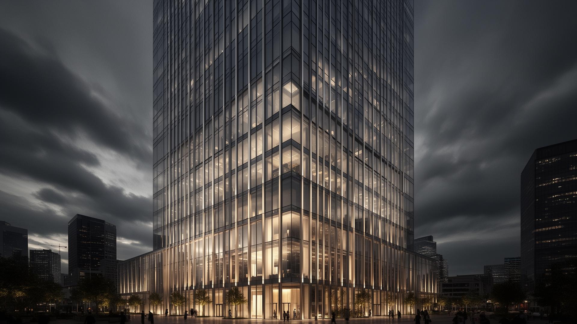 Architectural curtain wall facade at dusk